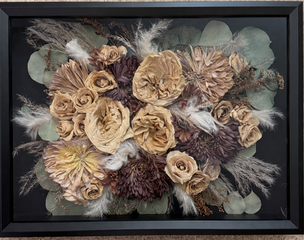 Preserved wedding bouquet in shadowbox