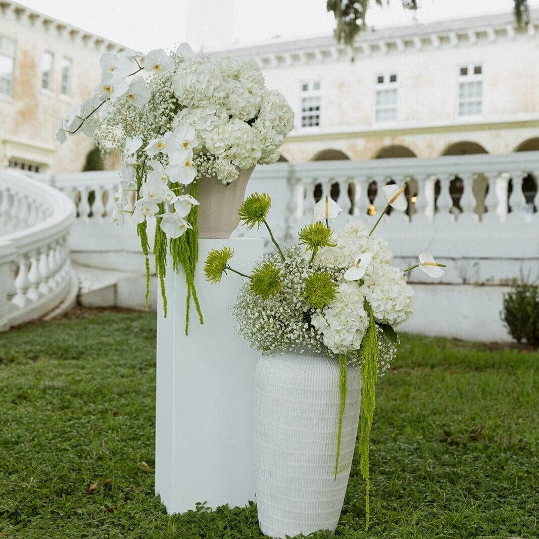 Modern white hydrangea, cascading orchids, and green amaranths at Bella Cosa