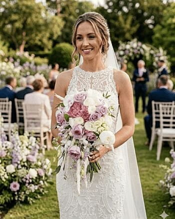 Bride with a cascading white and lavender bridal bouquet at an outdoor garden wedding ceremony in Tampa Bay