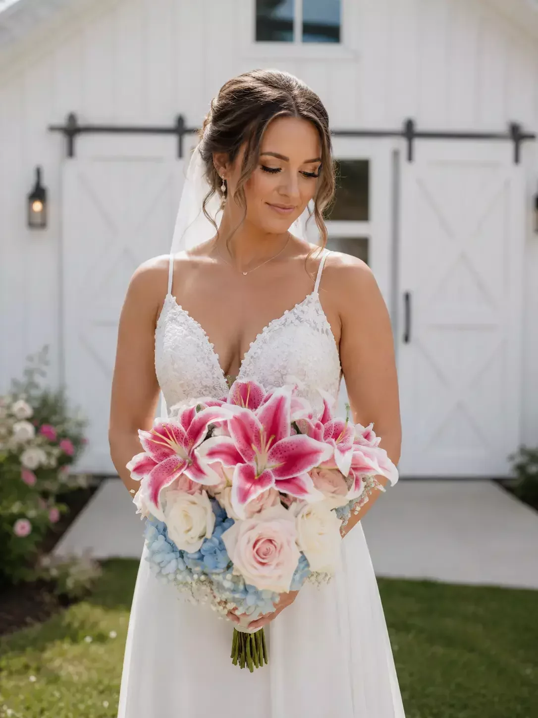 Bridal bouquet of pink stargazer lilies, blush roses and blue hydrangea